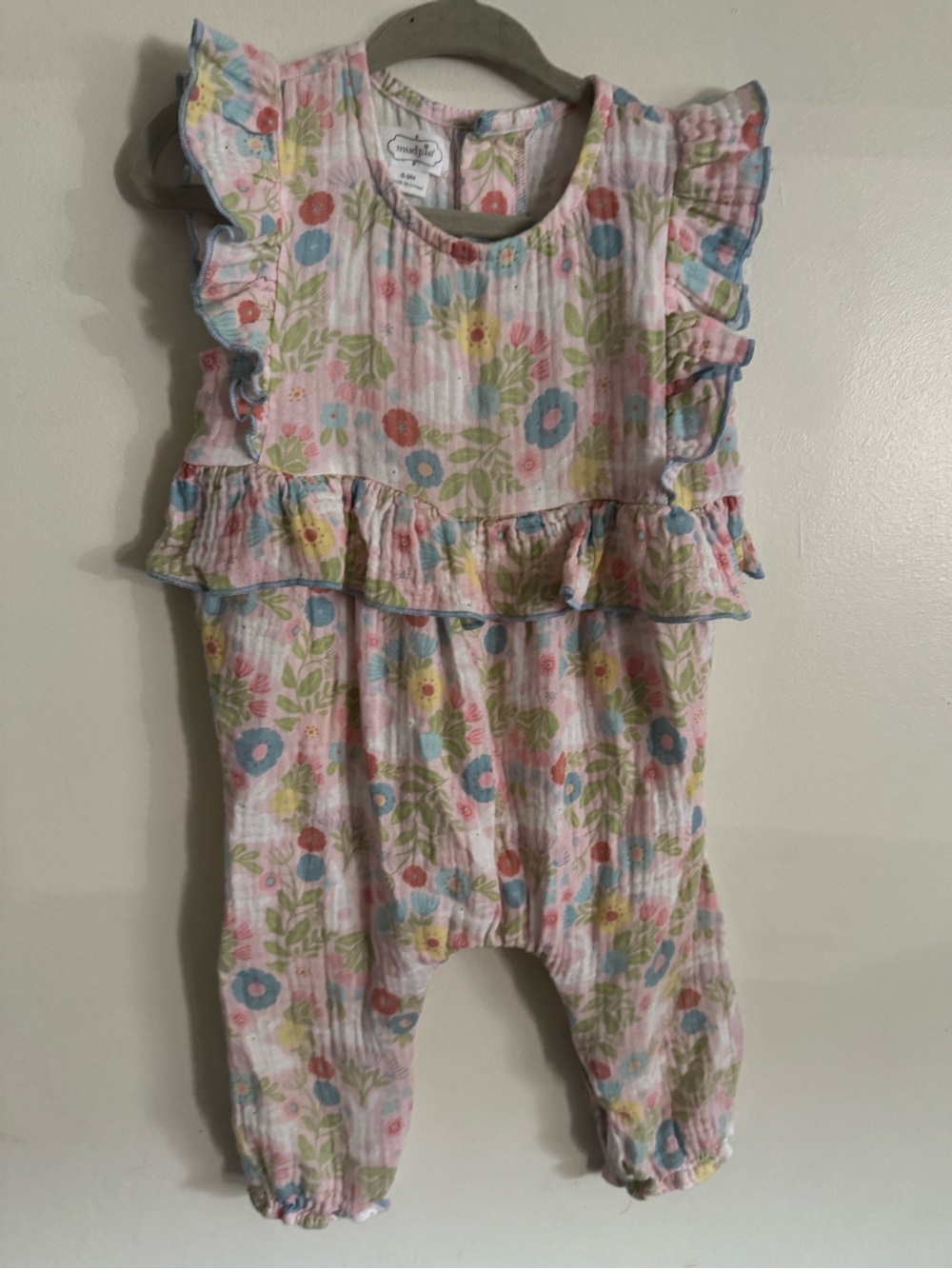 EUC Mud Pie Pastel Floral Ruffle Romper - Pink Blue Yellow
